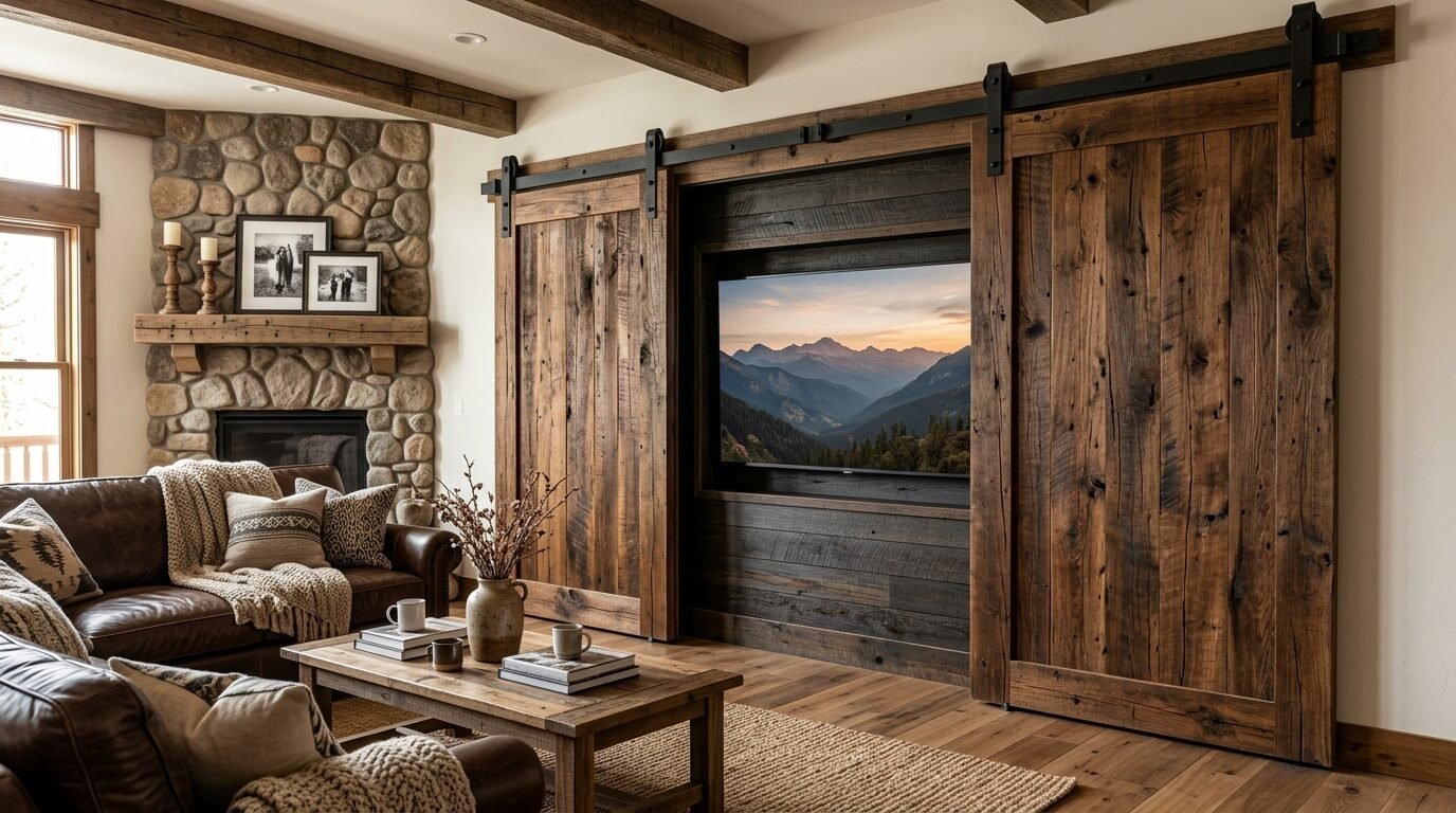 Modern farmhouse living room featuring a stone fireplace and tv mounted behind heavy rustic sliding wooden doors.