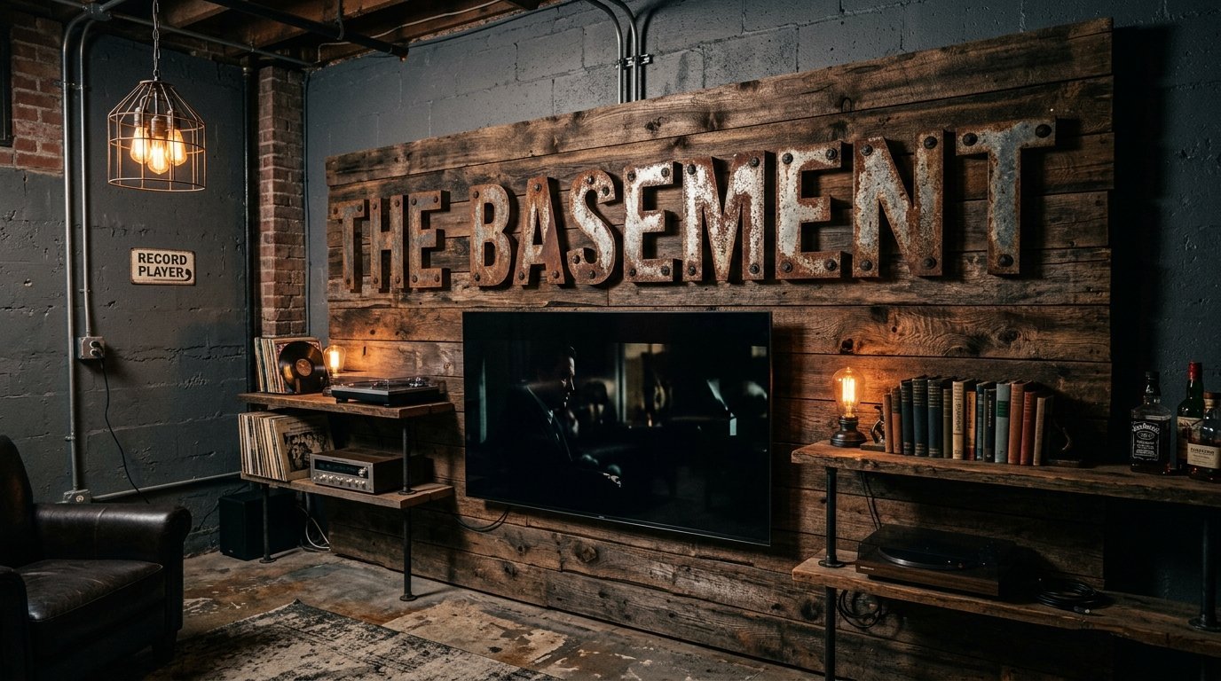 Large wooden sign reading The Basement mounted above a flatscreen television with surrounding shelves and liquor bottles.