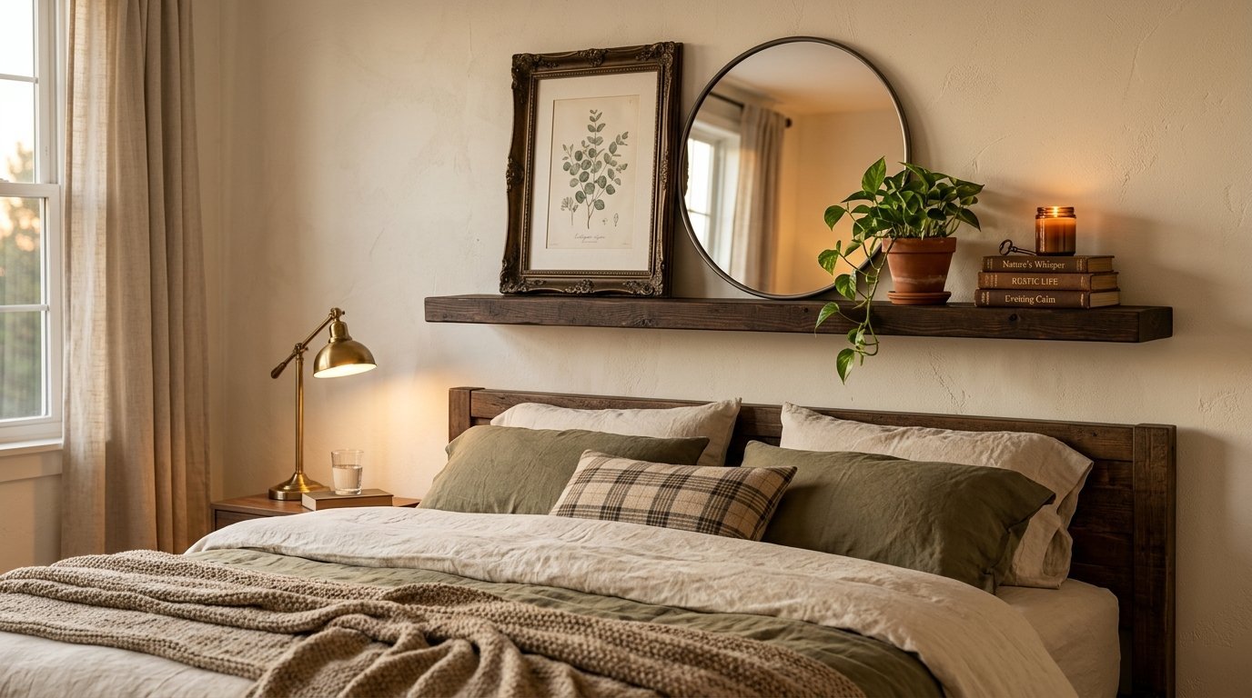 A rustic bedroom with olive green bedding, a brass lamp, and a wooden wall shelf holding a mirror, plants, and books.
