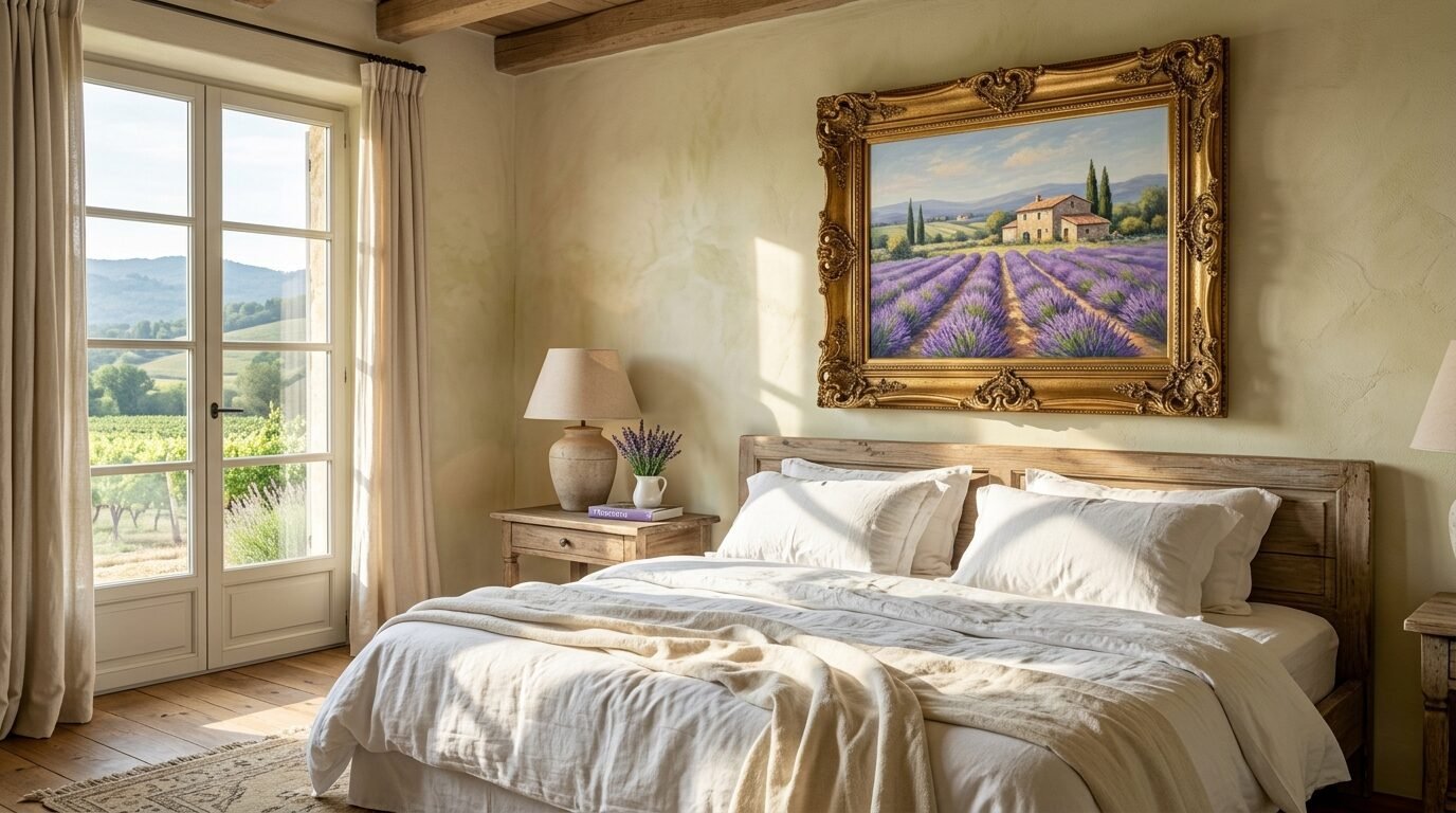 A bedroom with a wooden bed, white linens, and a large gold-framed painting of a lavender field on the wall.