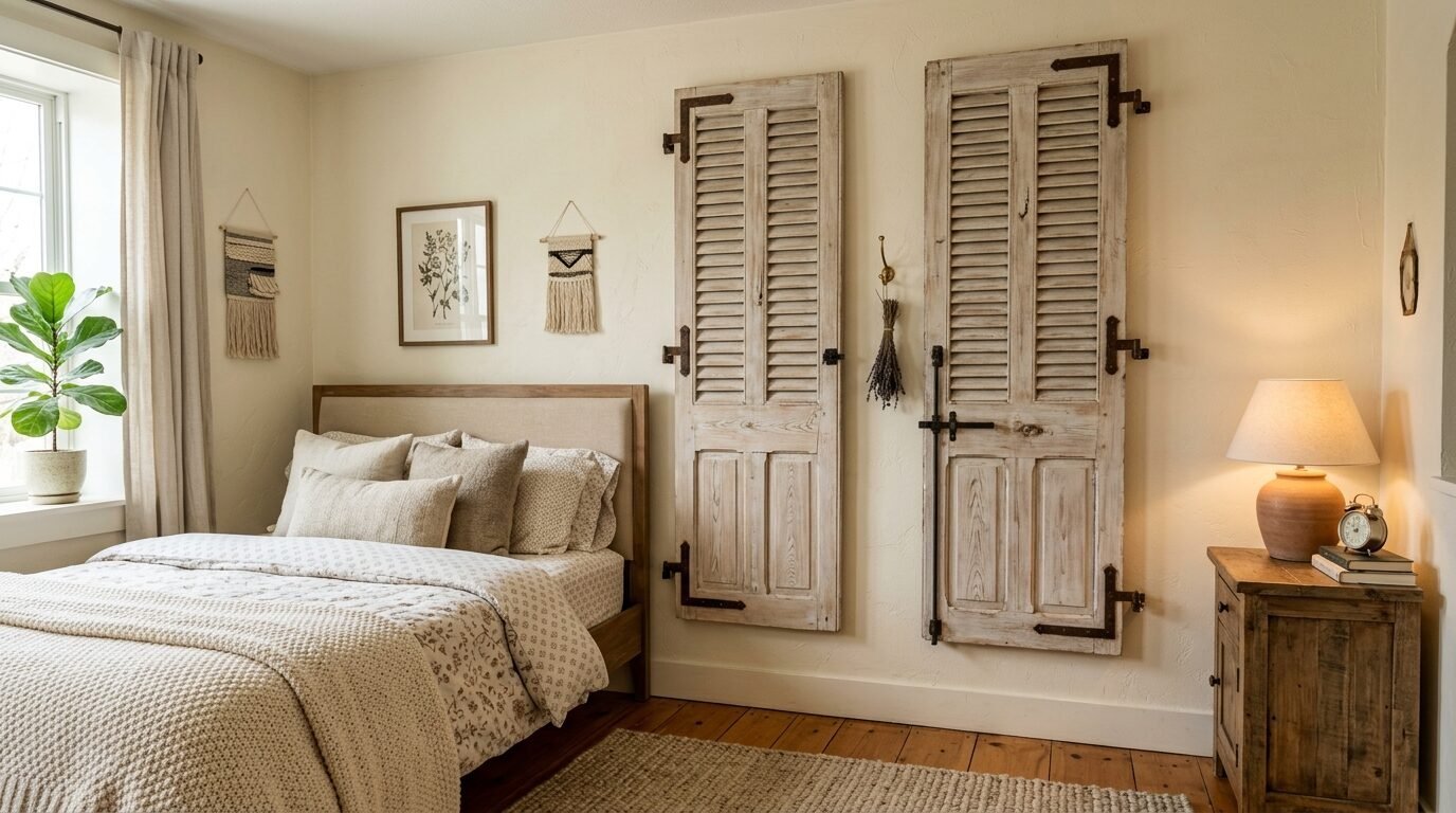 A cozy bedroom with a neutral bed and two vintage louvered shutters mounted as wall art above the bedside table.