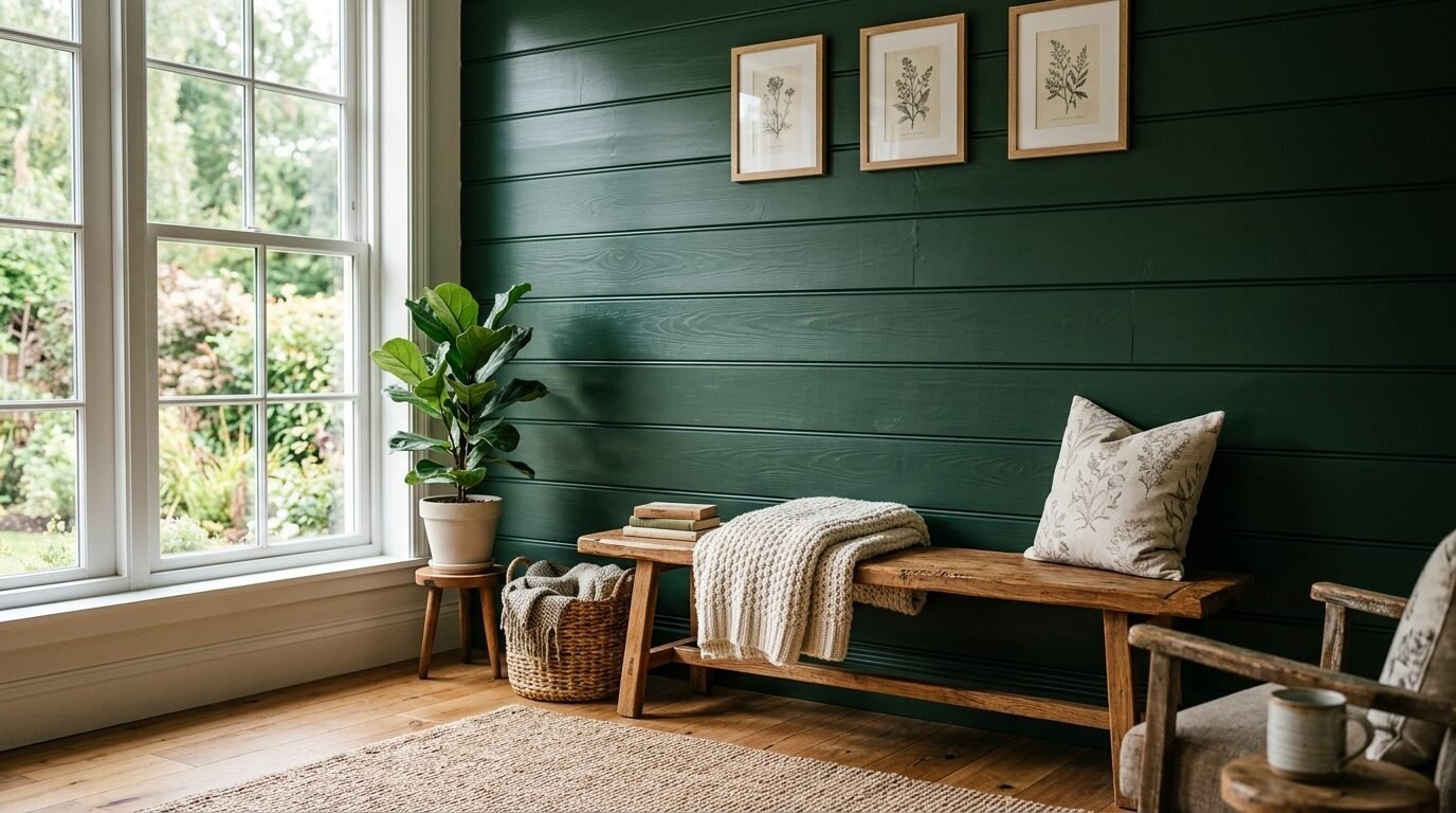 A farmhouse wooden bench sits in front of a dark green horizontal wood panel wall with botanical wall art.