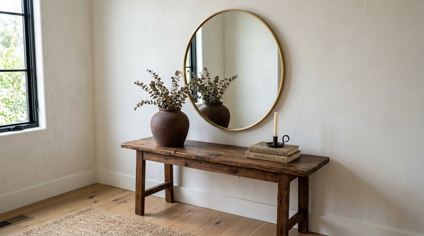 A rustic wooden bench topped with a ceramic vase, greenery, and a candle sits under a large circular gold mirror.
