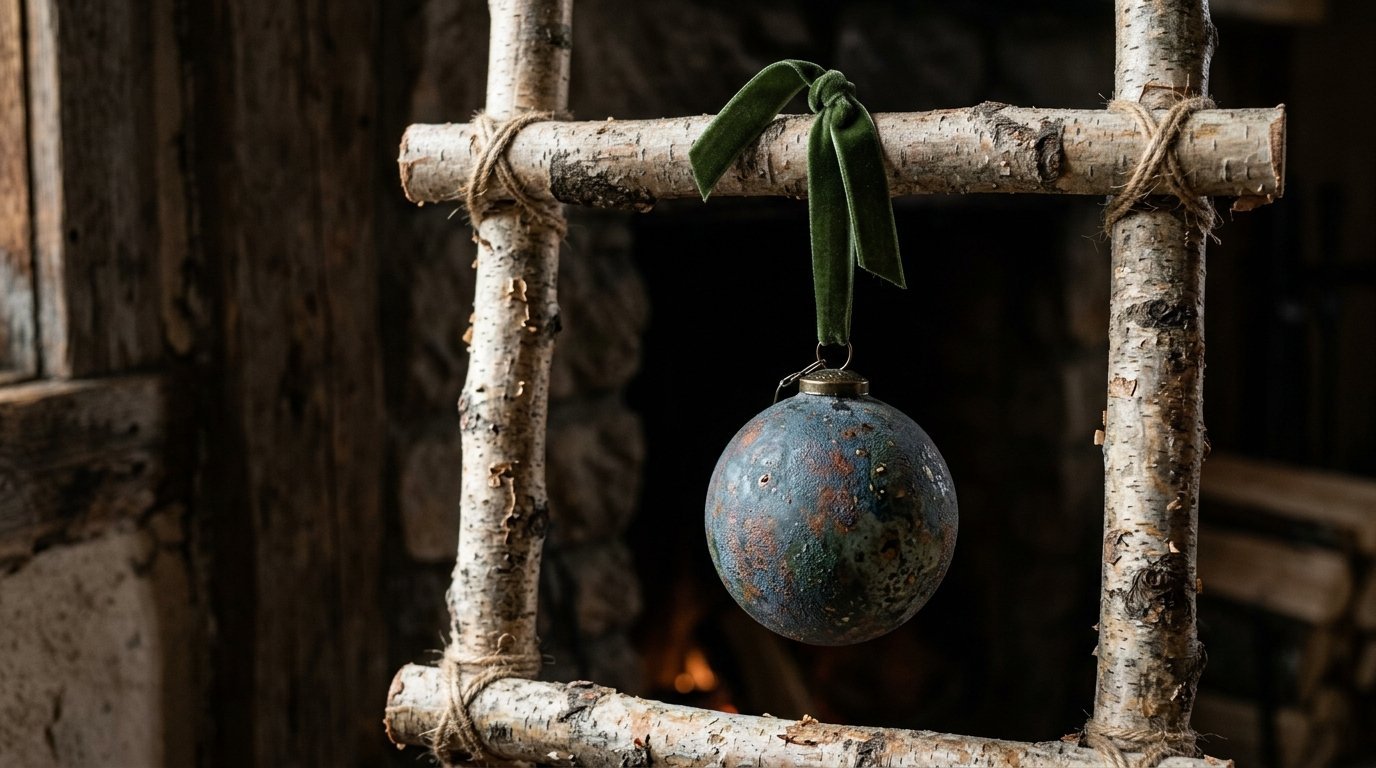 A rustic, speckled orb decoration tied with a green velvet ribbon to a small wooden birch branch frame.