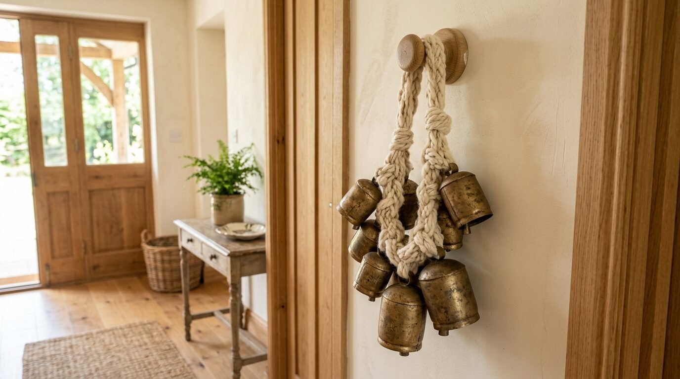 Decorative antique metal bells tied together with thick cream rope suspended on a wooden wall hook.