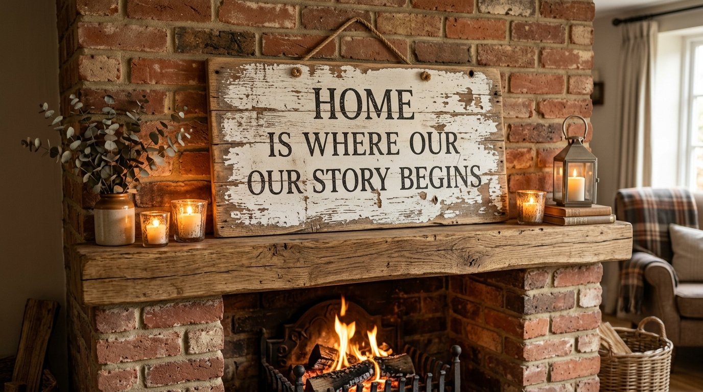 Distressed wood sign reading Home Is Where Our Story Begins hung on a brick mantle with lit candles and eucalyptus.