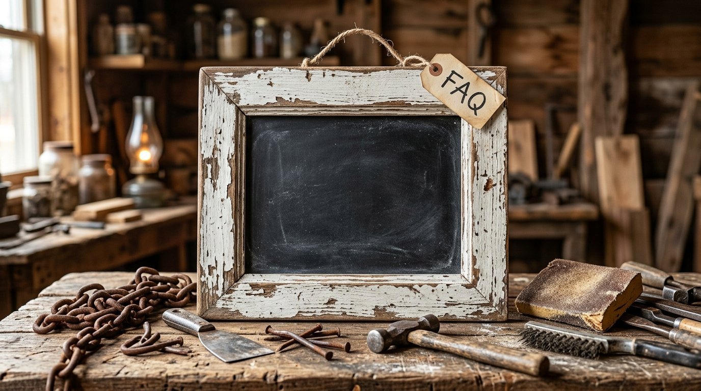 Blank chalkboard in a distressed white frame sitting on a workbench surrounded by metal tools and rust.