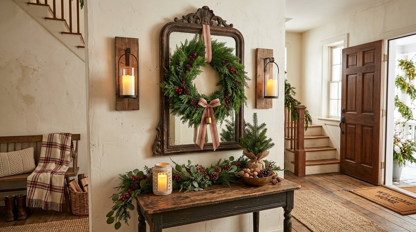 A rustic console table decorated for Christmas with a wreath on the mirror and lit candle sconces on the wall.