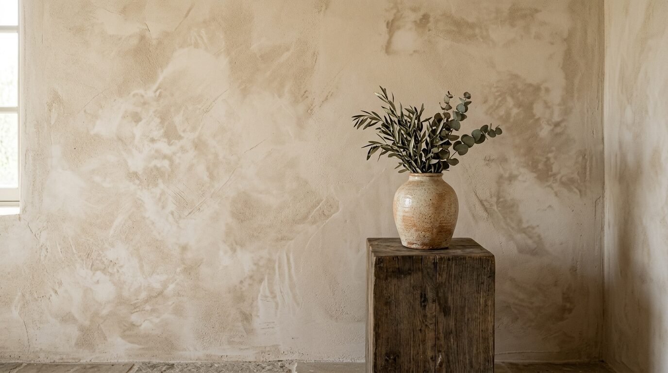 Ceramic vessel with olive branches sitting on a weathered square timber stand against a mottled beige plaster wall.
