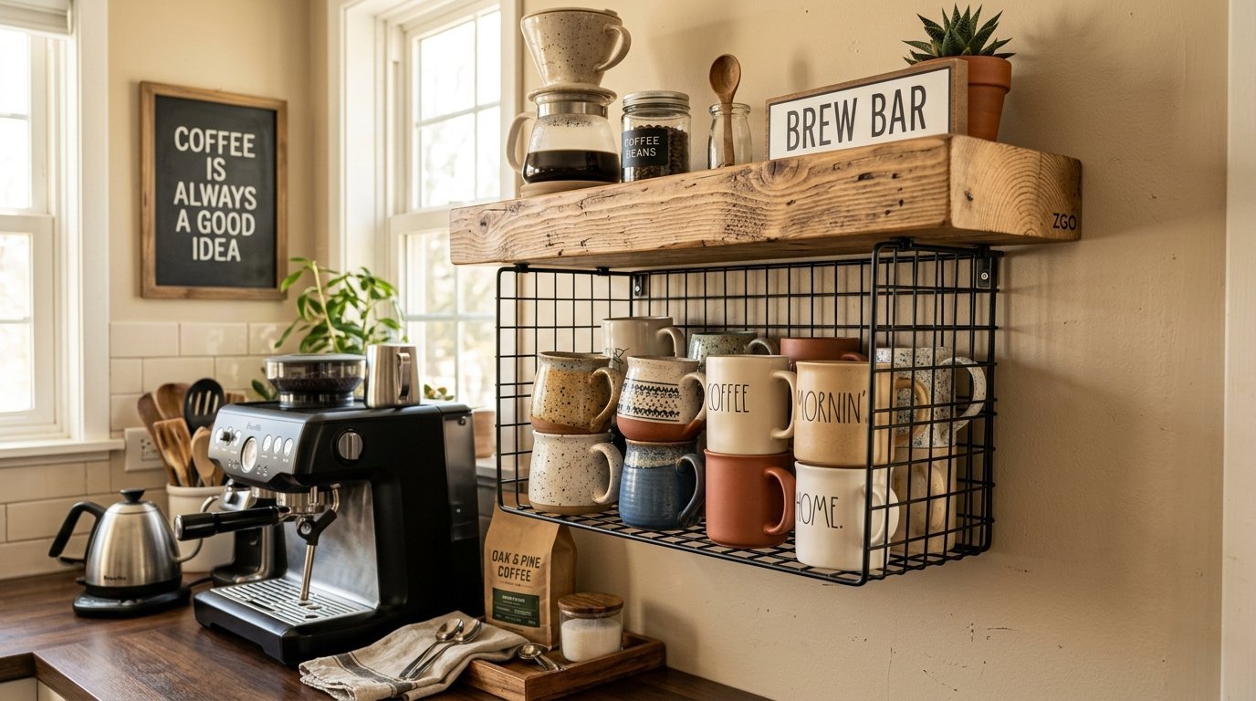 A wire storage rack filled with stacked mugs hangs below a wooden shelf in a kitchen coffee nook.