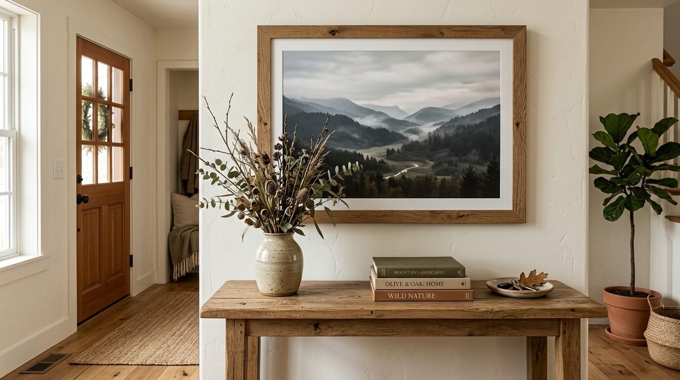 A wooden console table under a framed moody mountain valley print with a vase of dried botanicals and stacked books.