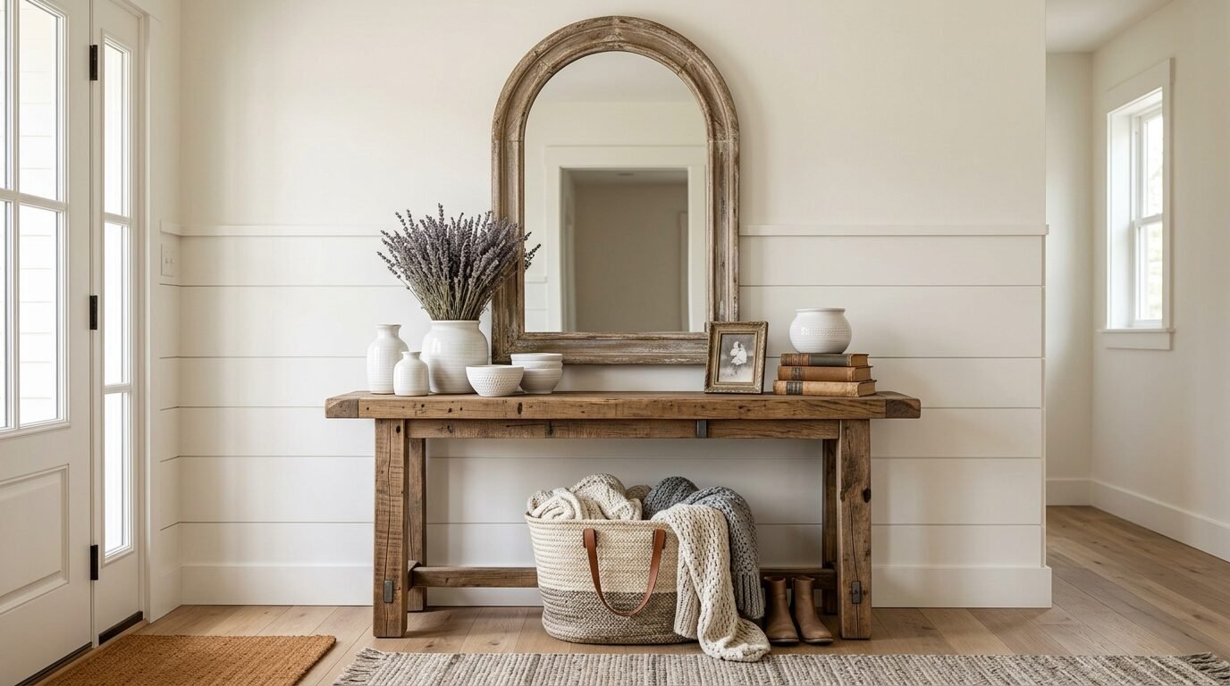 A hallway console table with lavender, books, and a woven basket filled with blankets.