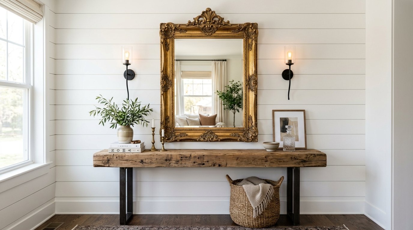A rustic wooden console table with decor stands against a white shiplap wall beneath a large antique gold mirror.