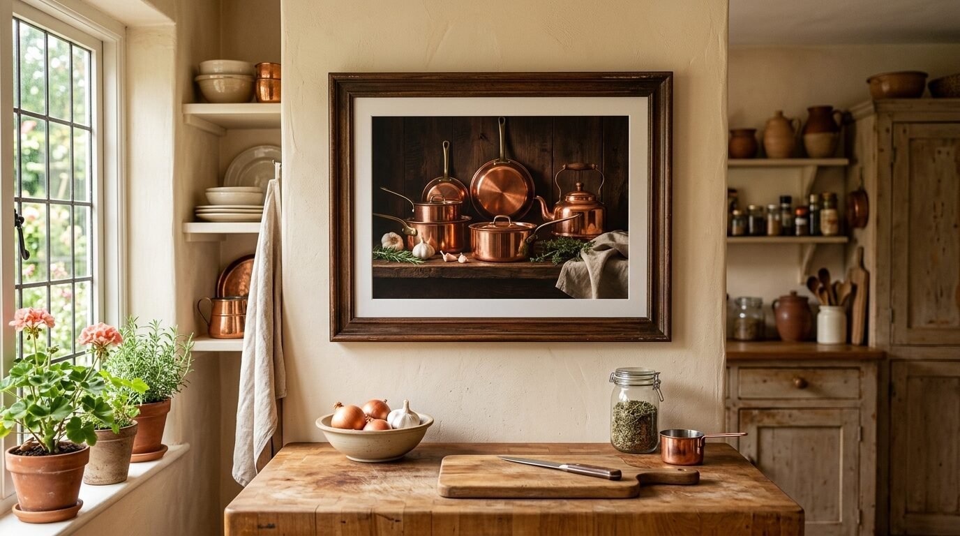 A framed photograph showing a collection of shiny copper pots and a kettle displayed on a wooden shelf.