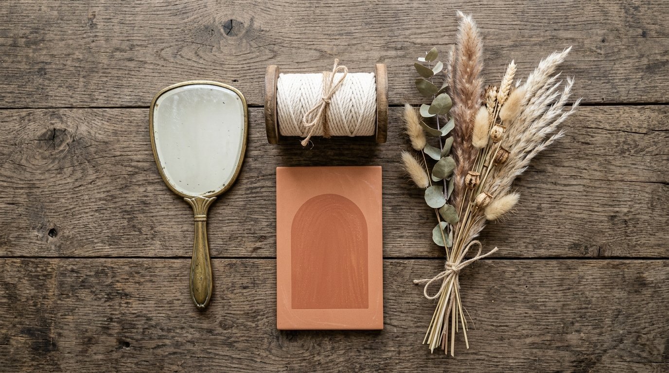 Vintage hand mirror, terracotta arch tile, twine spool, and dried pampas grass bouquet on a rustic wood surface.