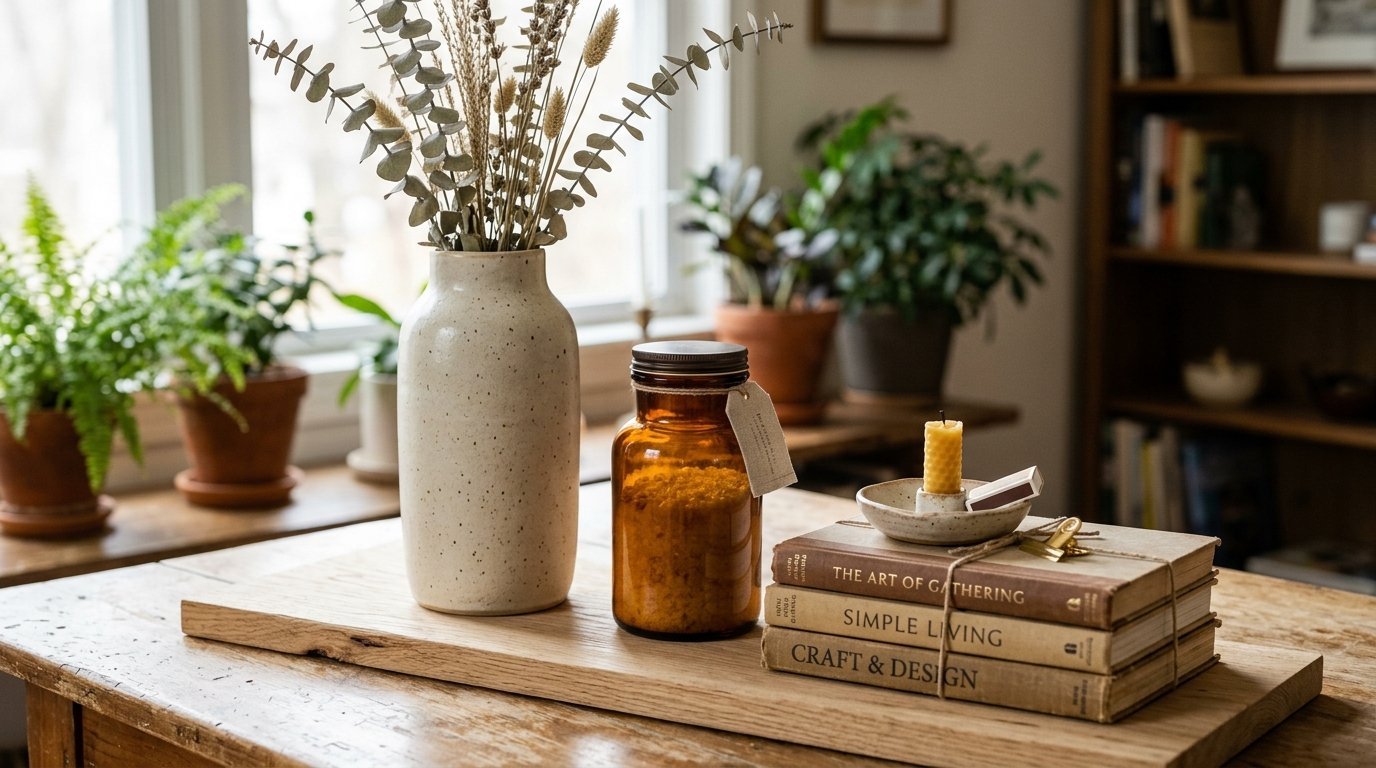 Ceramic speckled vase with dried eucalyptus next to an amber jar and stack of books on a wooden tray.