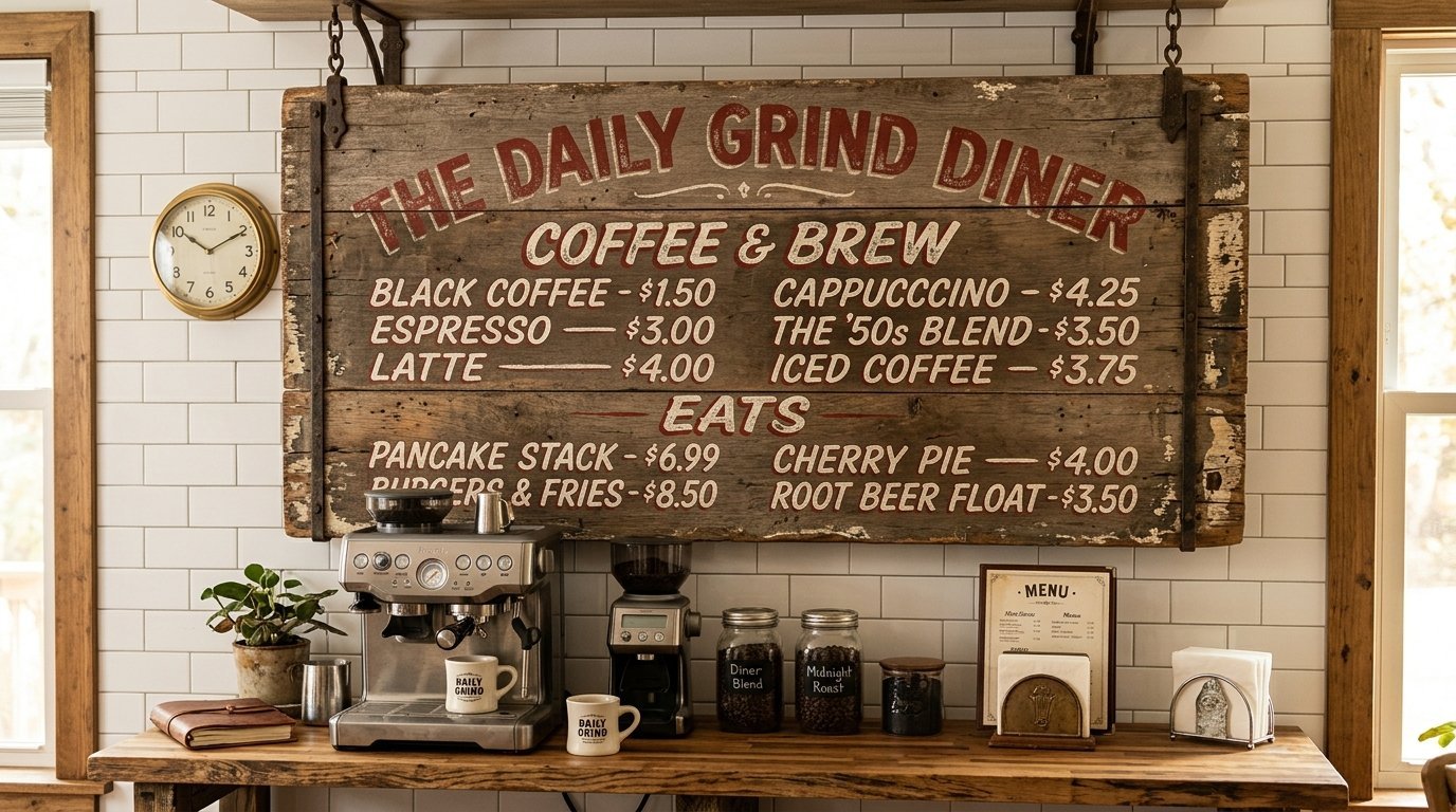 A rustic wooden sign lists coffee and food prices above a kitchen counter with an espresso machine.