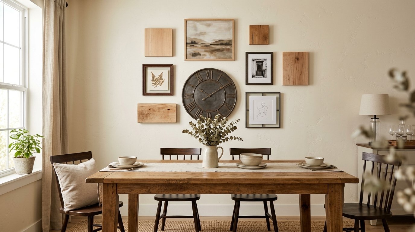 A wooden dining table with place settings sits below a wall decorated with a large clock and framed art pieces.