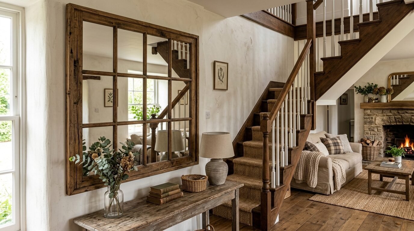 Wall mirror with wooden frame above a console table in a farmhouse hallway with carpeted staircase.