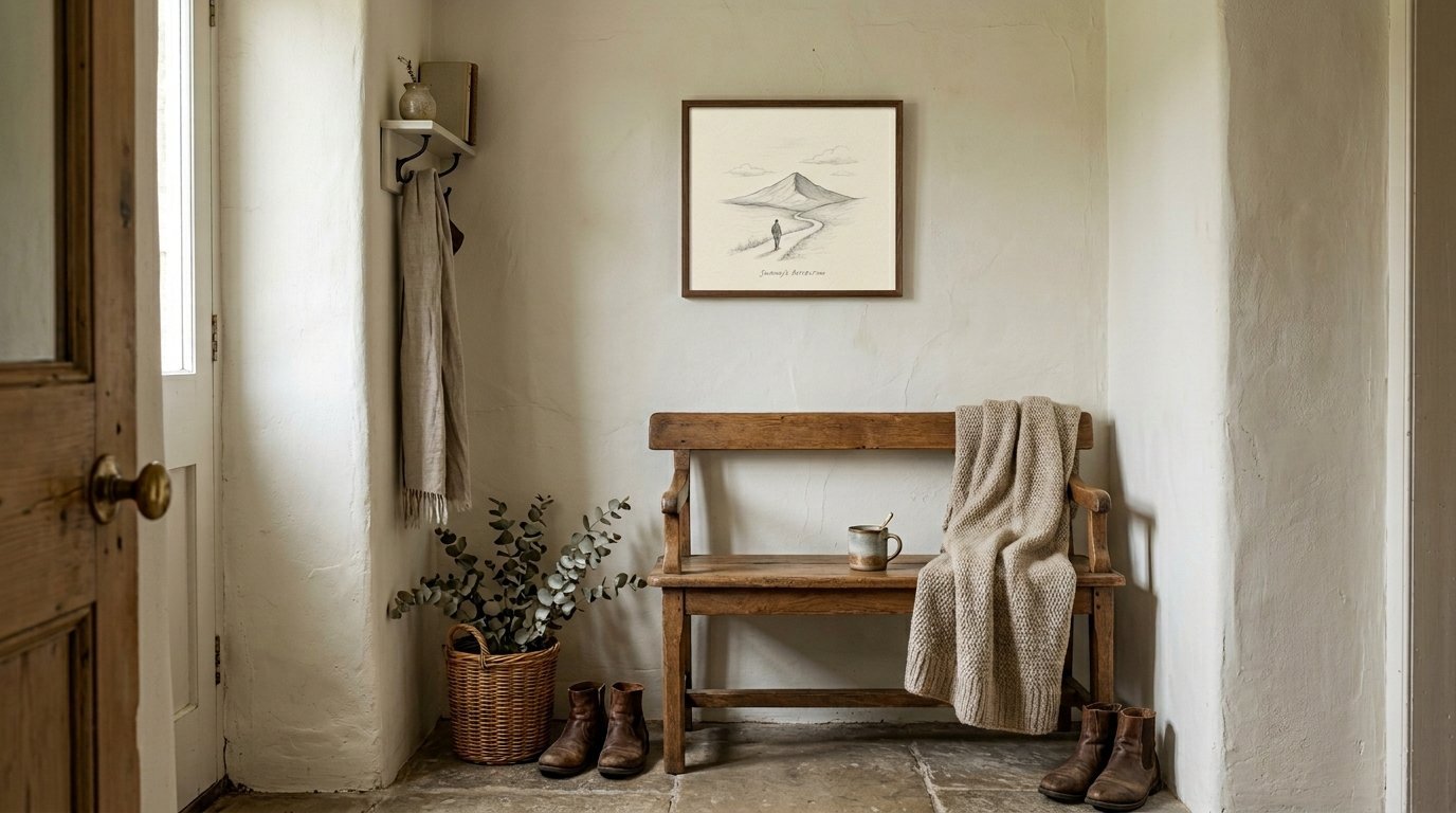 Wooden entryway bench with knit blanket and sketch of a lone figure walking toward a mountain on the wall.