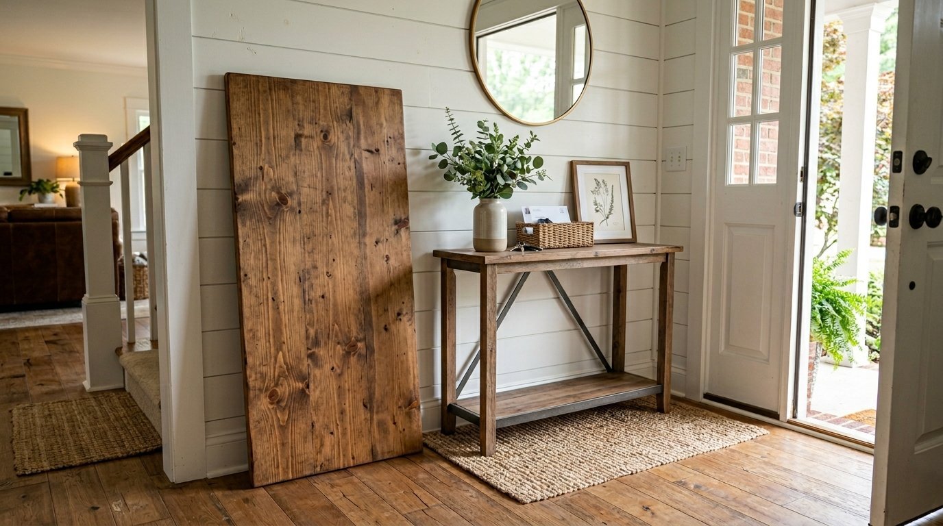 A hallway console table with eucalyptus and a framed botanical print beside a large wooden board against a white wall.