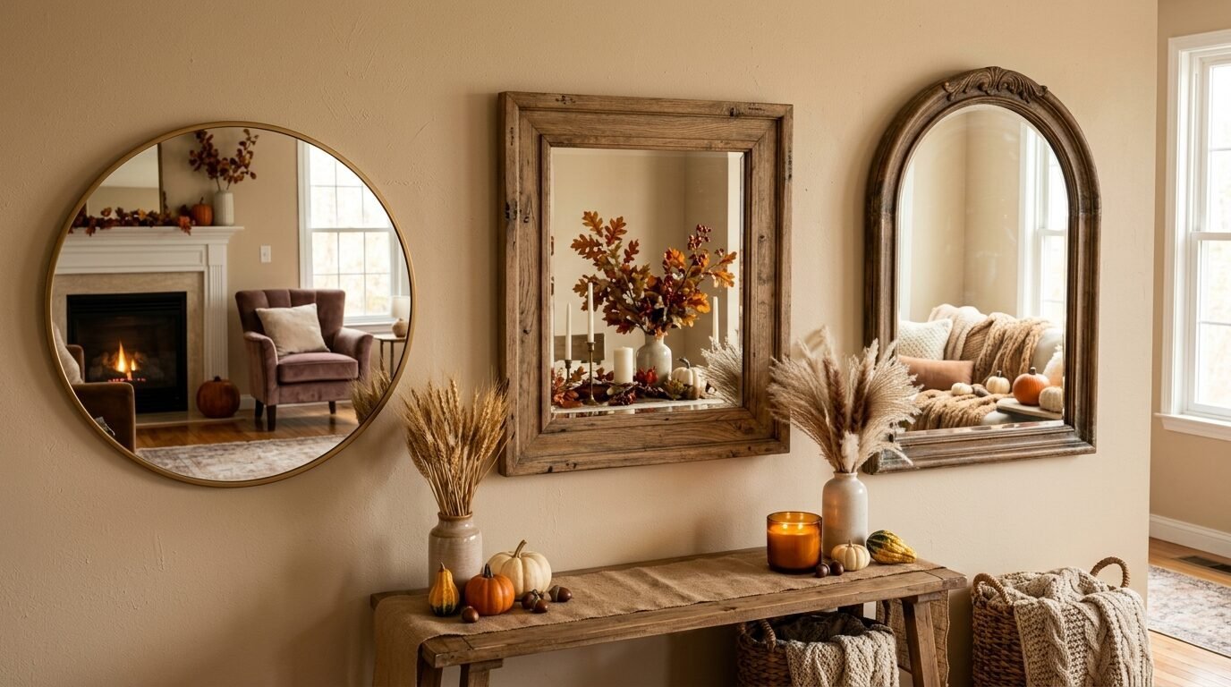 A rustic console table decorated with wheat, pumpkins, and a candle beneath three unique mirrors on a beige wall.