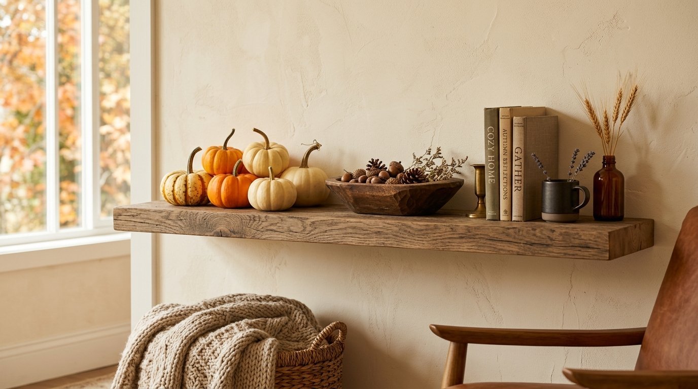 Floating rustic timber shelf decorated with small pumpkins, dried wheat, a bowl of acorns, and vintage books.