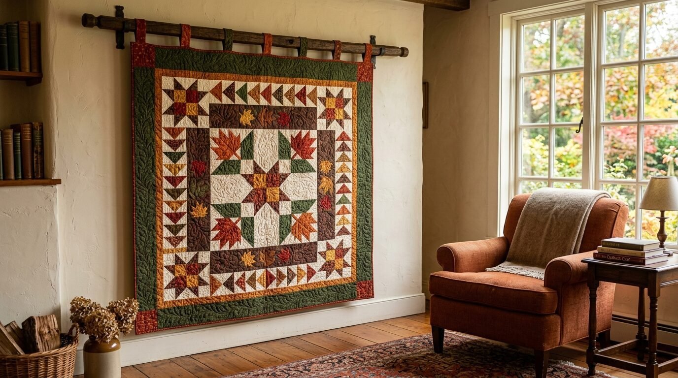 Decorative fabric quilt featuring leaf patterns and stars hanging on a wooden rod above an orange armchair.