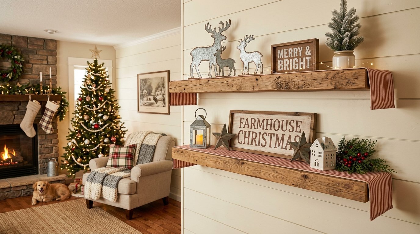 Floating wooden shelves adorned with holiday signs, metal reindeer figures, a lantern, and small decorative trees.