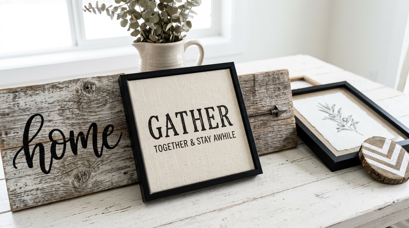 Decorative signs on a white table including a square Gather canvas and a weathered wood home plaque.