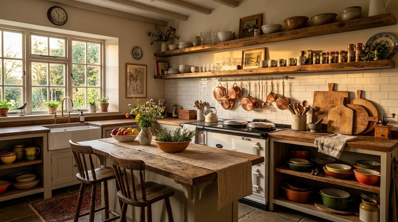 Vintage kitchen with a wooden island, copper pots hanging on white tile, and open shelves full of ceramic dinnerware.