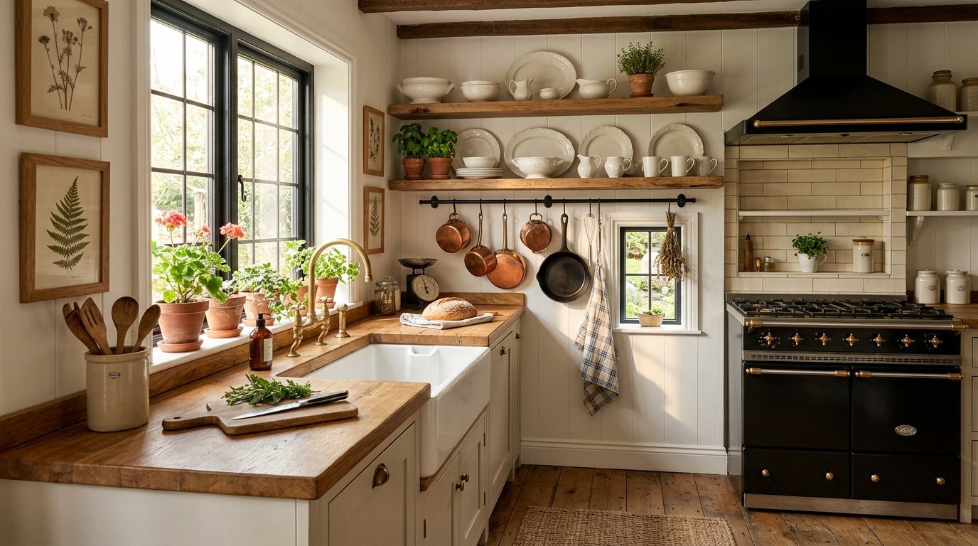 Farmhouse kitchen featuring a wooden countertop, white apron sink, copper pans, and a black range stove.