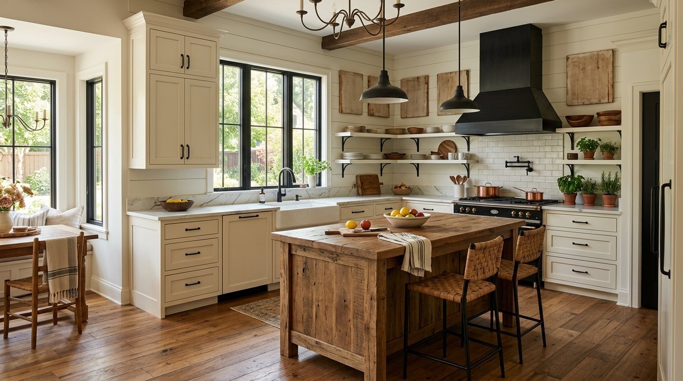Spacious white kitchen with dark accents, wooden island, and open shelving