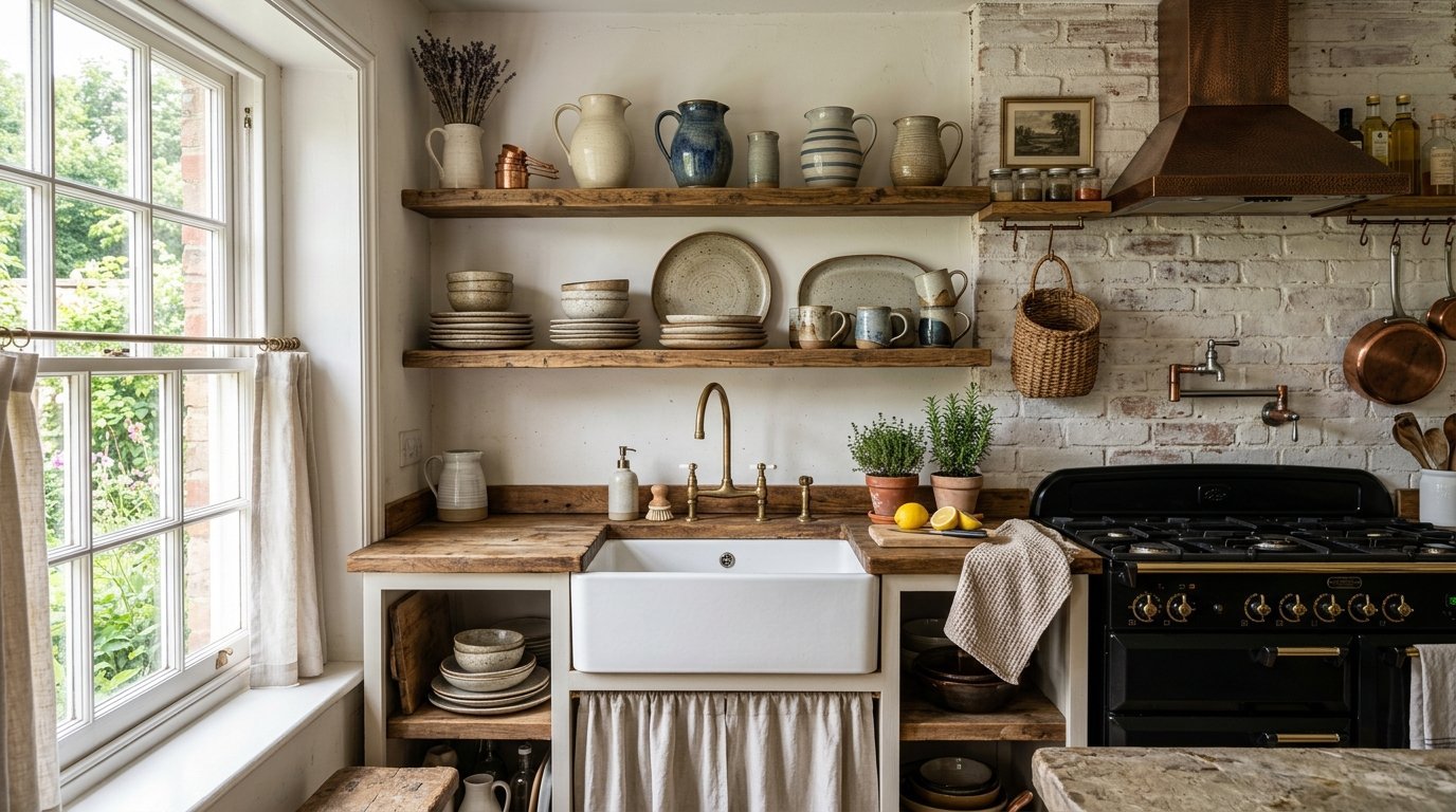 A farmhouse kitchen featuring a white sink, wooden open shelves filled with ceramic dishes, and a black gas range.