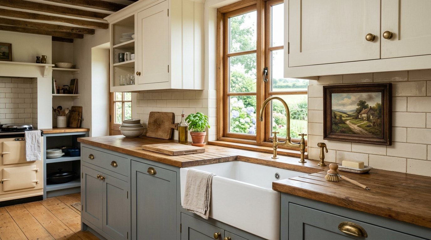 A rustic kitchen with a white farmhouse sink, wooden countertops, brass faucet, and grey cabinetry.