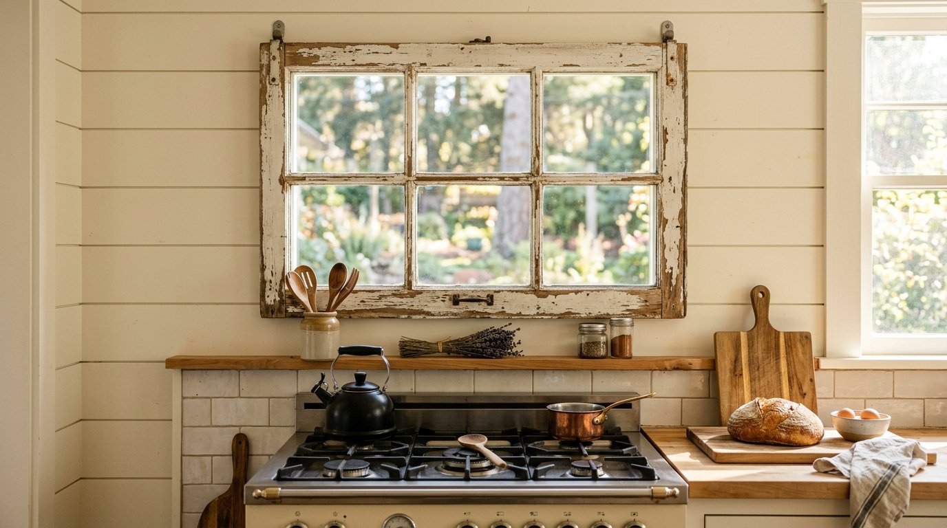 Distressed wooden window frame hanging on shiplap wall above a gas range with bread and kitchen tools.