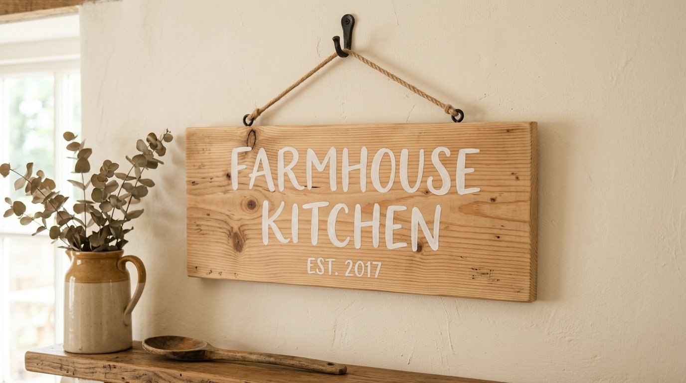 A rustic wood plank sign hanging from a black hook with white text reading Farmhouse Kitchen Est. 2017.