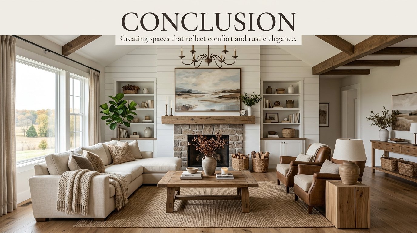 Modern farmhouse living room with a sectional sofa, stone fireplace, and built-in shelving.