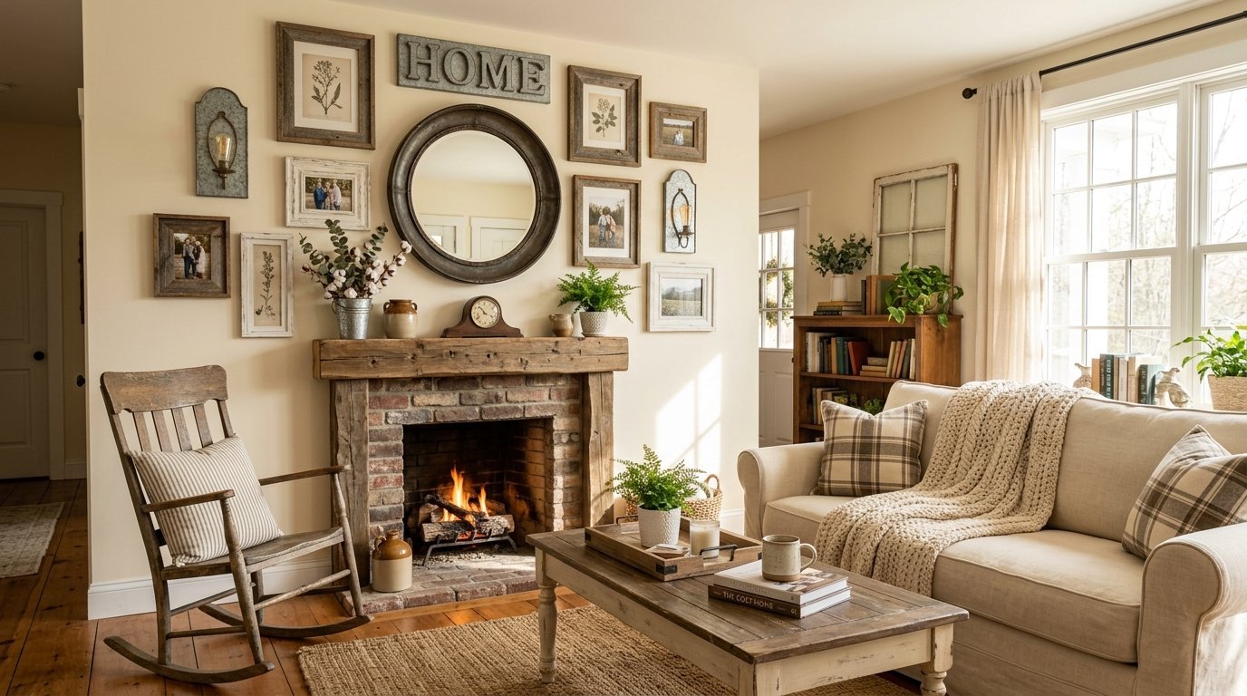 A rustic living room with a brick fireplace, rocking chair, and a neutral sofa decorated in farmhouse style.