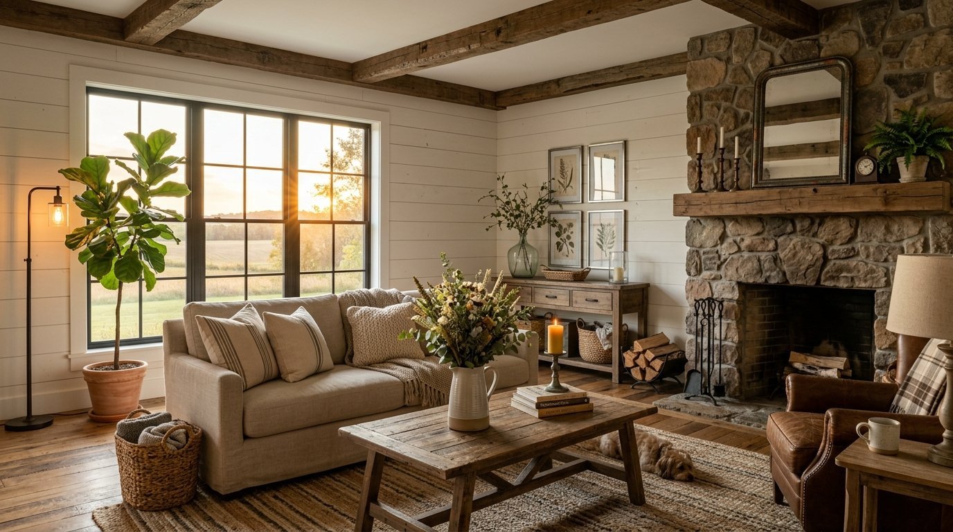 Cozy living room with beige sofa, leather chair, stone fireplace, and sunset light through a large window.