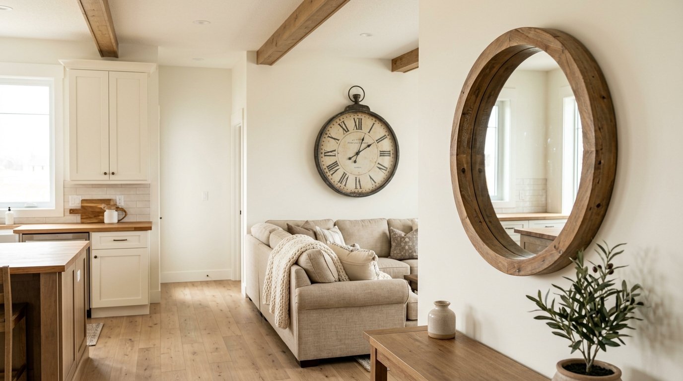 A beige living room with a round mirror on the wall and a farmhouse clock hanging above a couch.