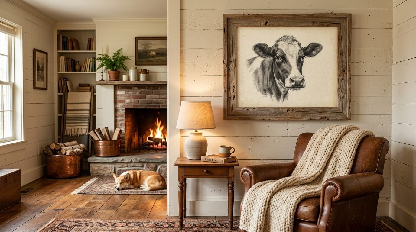 A rustic living room featuring a leather armchair with a chunky knit blanket, a fireplace, and a pencil drawing of a cow.