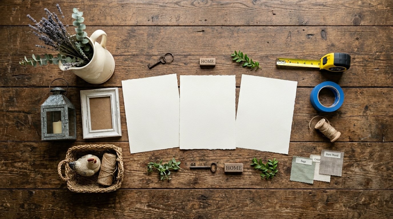 Top-down view of blank stationery, keys, paint chips, and tools on a dark wood background.