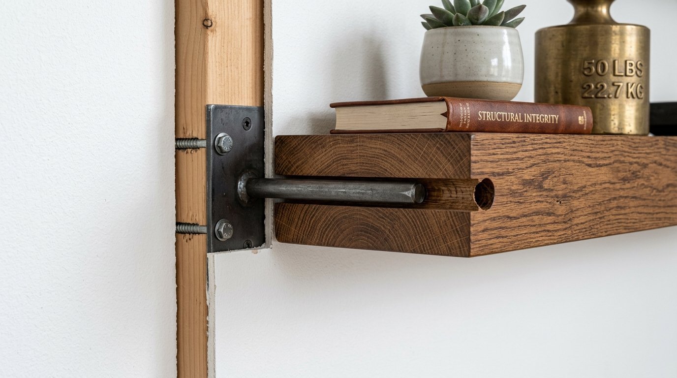 A close-up of a heavy-duty metal bracket bolted to a wall stud holding up a piece of stained timber shelving.