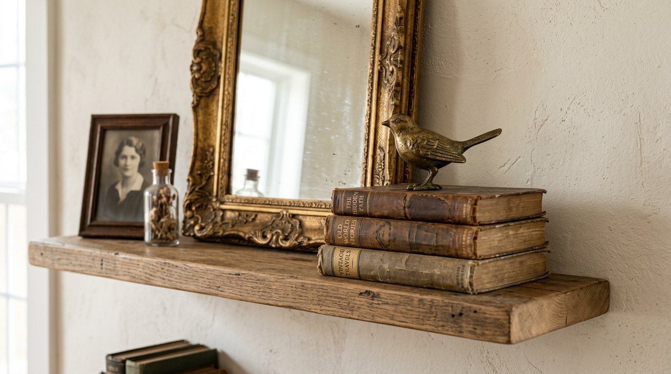 Antique gold mirror, old books, and a bronze bird statue sit on a rustic wooden ledge.