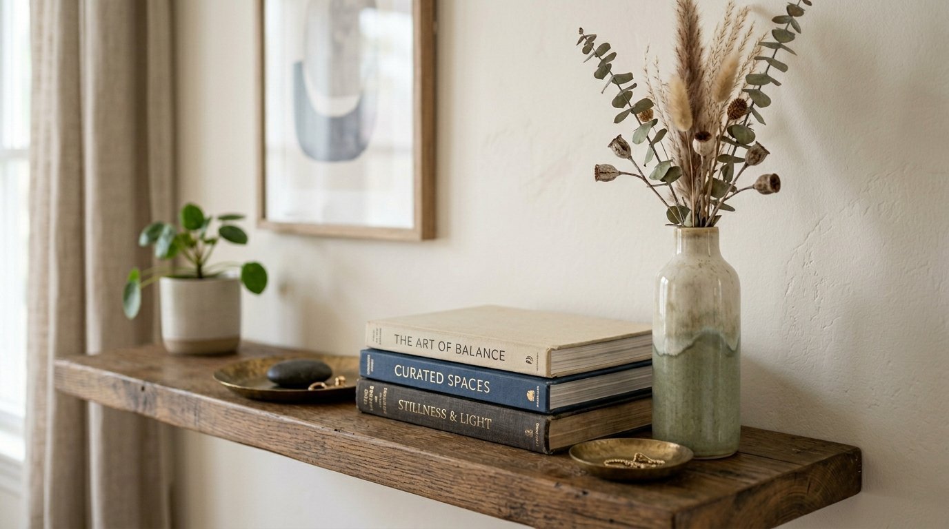 A decorative wooden shelf holds a stack of three books, a ceramic vase with dried stems, and a small potted plant.