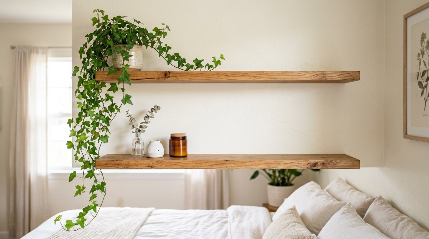 Floating timber shelves mounted over a cozy bed with a trailing ivy plant and small vases.