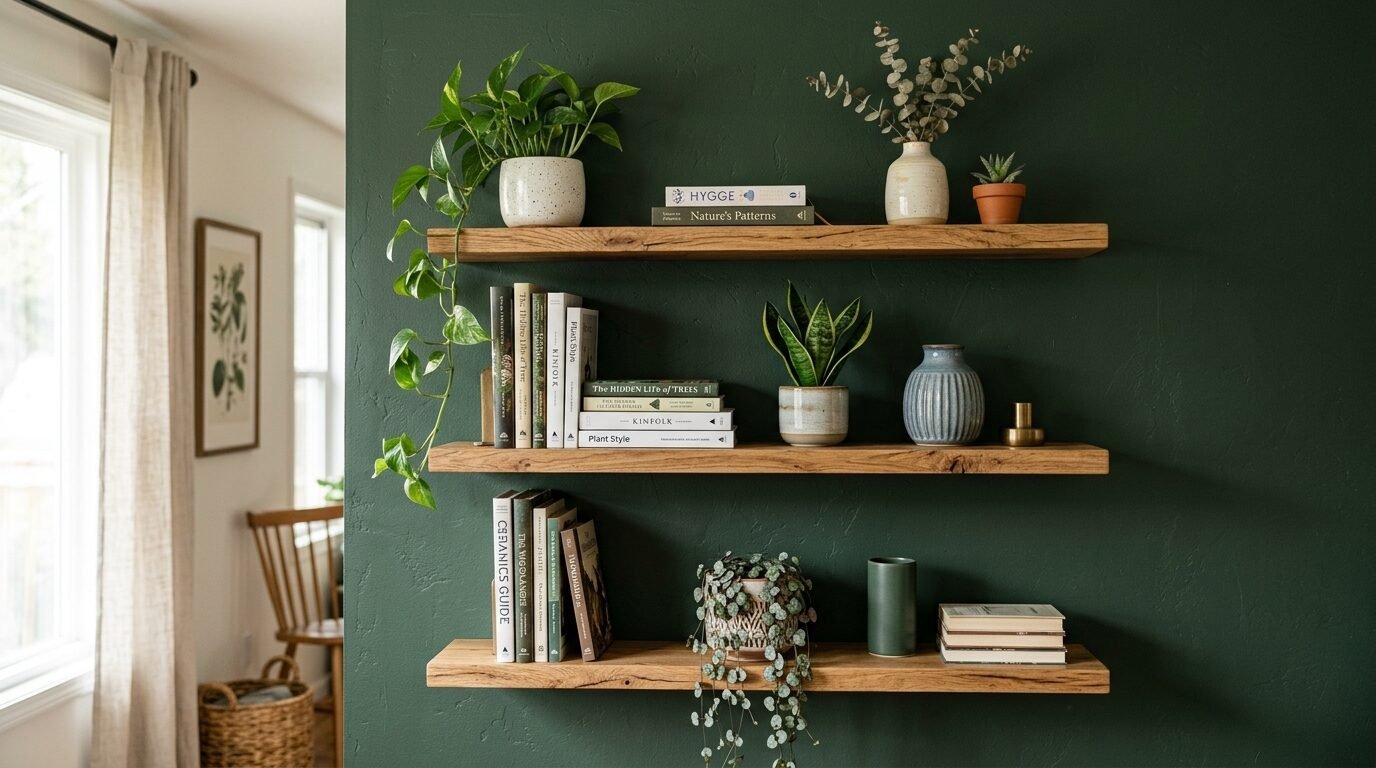 Three rustic timber floating shelves mounted on a deep green wall, decorated with potted plants and curated books.