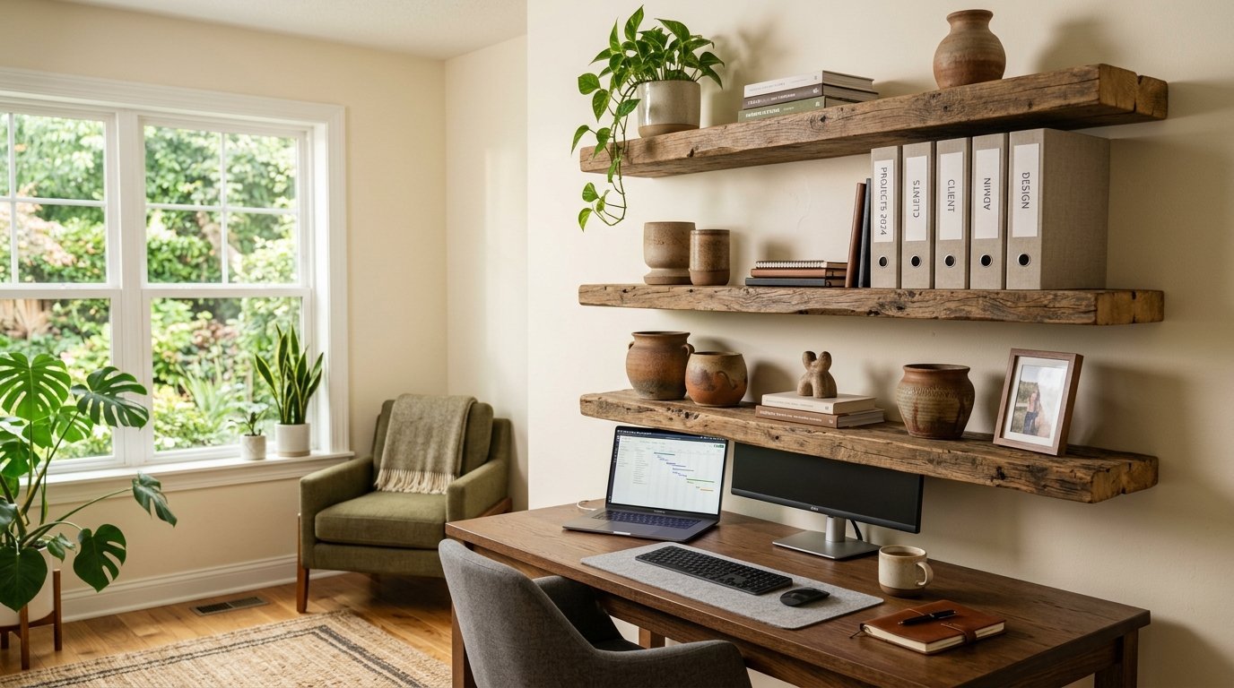 Modern home office with floating wood shelves, a wooden desk with a laptop, and an olive green armchair by the window.