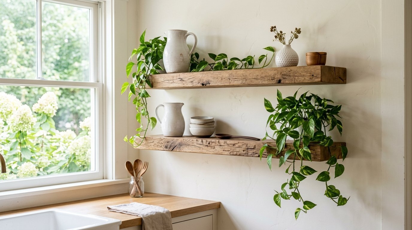 Two reclaimed wood shelves mounted on a white kitchen wall featuring ceramic pitchers and cascading pothos plants.
